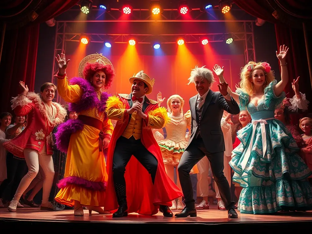 A captivating shot of a live theater performance supported by ENTRE AUTRES, with actors on stage and an engaged audience, emphasizing the organization's support for performing arts and cultural events.